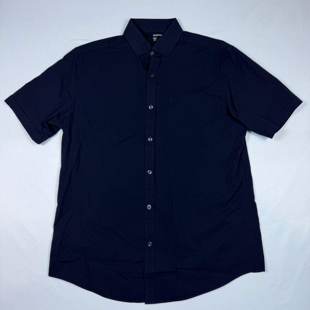 Murano Mens Medium Navy Short Sleeve Button Up Shirt Stretch‎ Cotton M